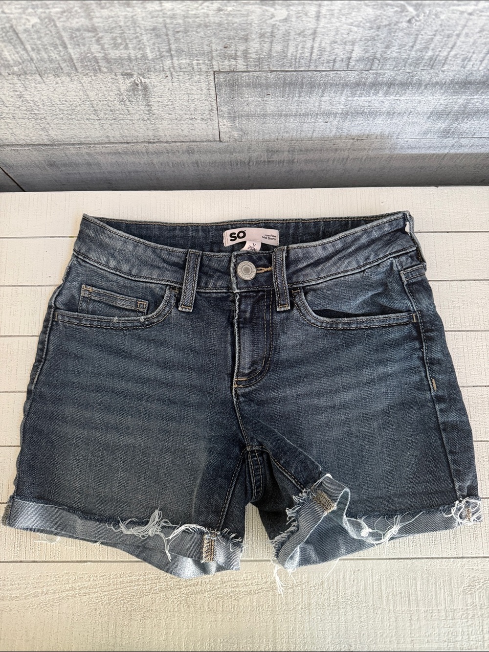 SO Denim Low Rise Midi Dark Blue Women’s Frayed Hem Shorts